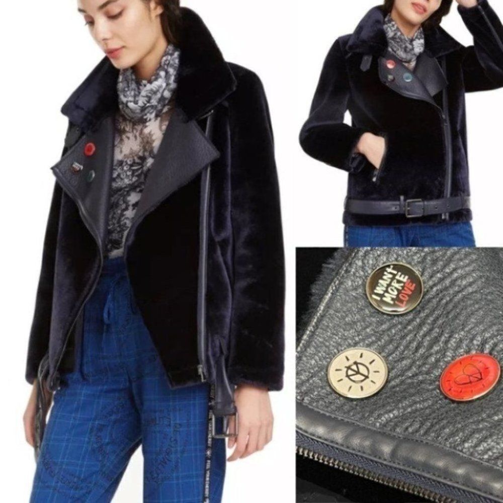 Desigual Oslo Jacket WMNS 8 Faux Leather Biker Moto Belt Peace Love Buttons